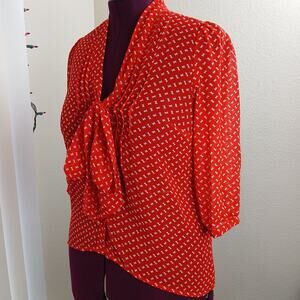 Pins and Needles Red Bow Tie Blouse S sheer chiffon pintuck V-neck Urban Outfit